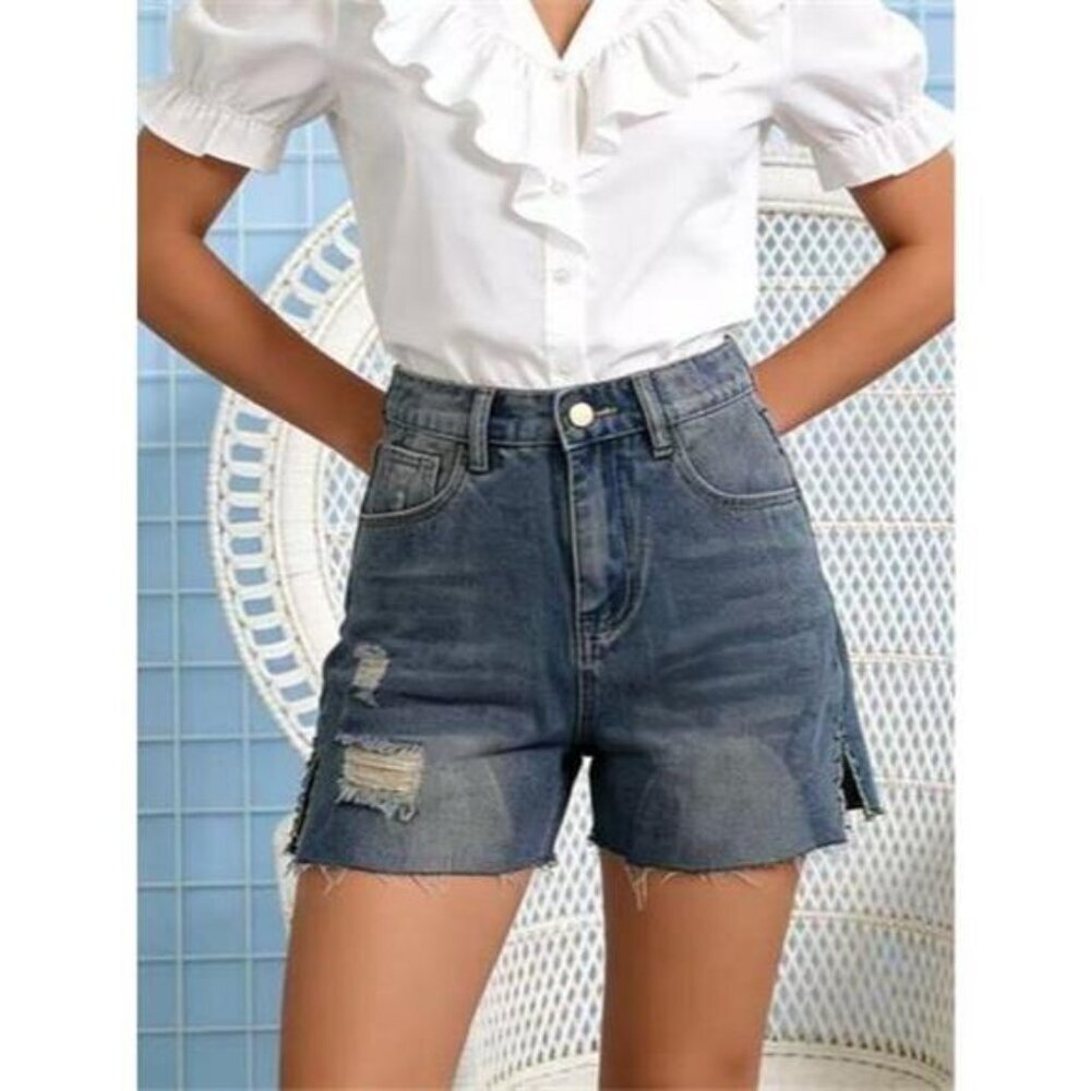 Distressed Slit Denim Shorts